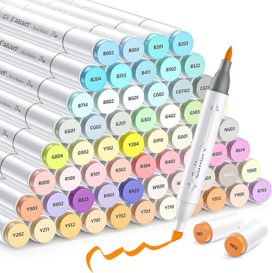Caliart Pastel Markers Brush Tip, 61 Colors Alcohol Marker Set Dual Tip Permanent Art Pens for Adult Coloring Book, Artist Sketch Illustration Halloween Drawing Supplies Kit Gift, Brush & Chisel