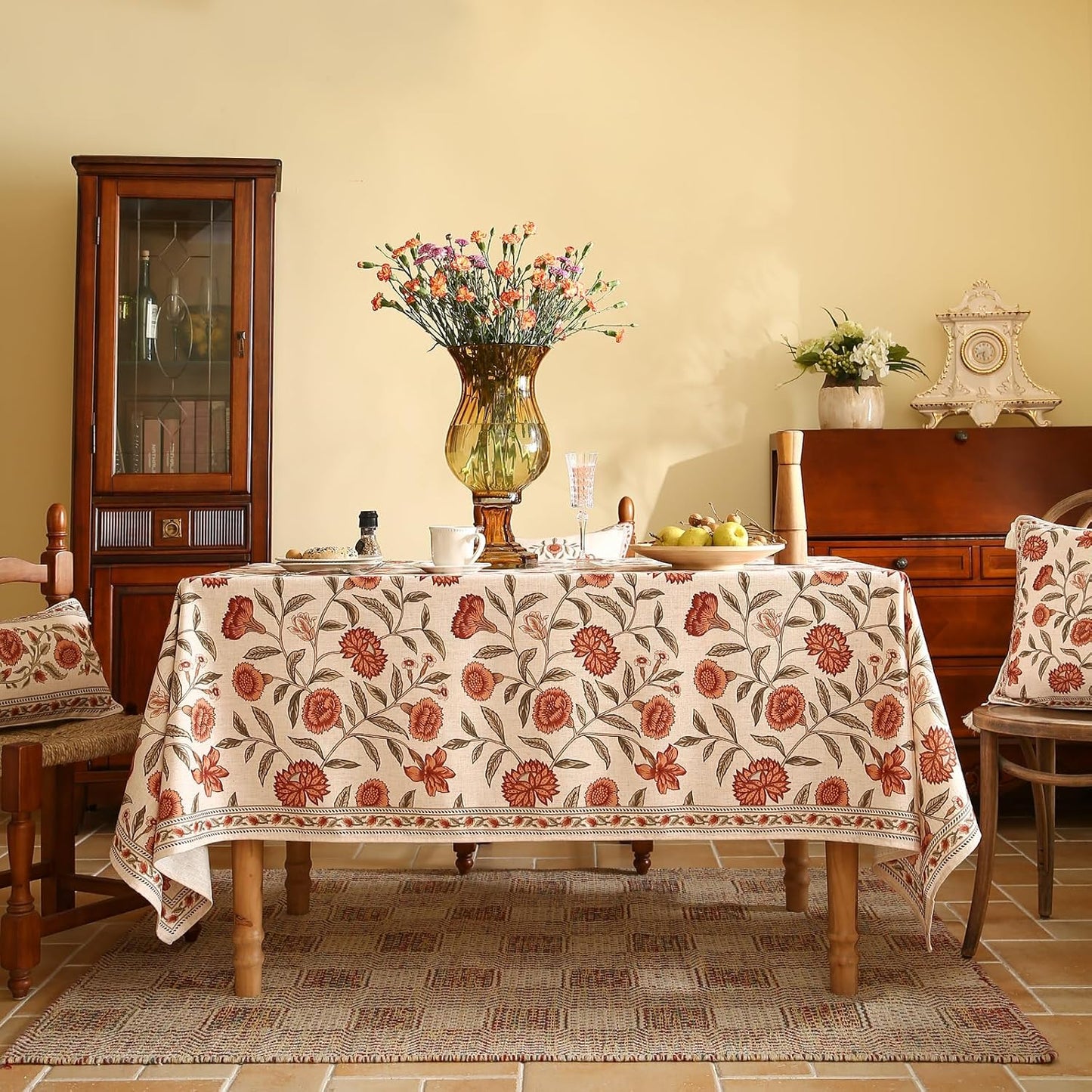 ISAENNE Designer French Table Cloth for Rectangle Table,Linen Orange Floral Pattern Indoor Tablecloth,Wrinkle Resistant Decor Table Cloth for Dining Thanksgiving Kitchen,55"*79"-Alvarado D