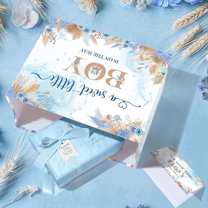 Baby Shower Paper Bag, Blue Floral Sweet Baby Boy Gift Bag with Tissue Paper and Card Boho Dried Flowers Wrap Bag with Handle for Baby Shower Birthday Gender Reveal Party Favors Decorations Supplies