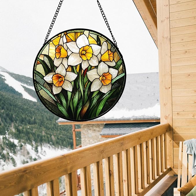Stained Glass Window Hanging, Yellow and White Daffodils Sun Catcher for Door Home Decor Plants Flowers Suncatcher Christmas Mother's Day Birthday Gifts for Women Men Mom Nana 7.8 in