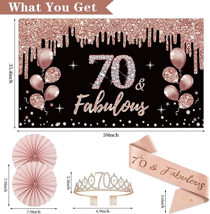 70th Birthday Decorations for Women: 33pcs Kit with Crown, Sash, Banner, Backdrop, Balloons, Swirls & Fans in Rose Gold & Black
