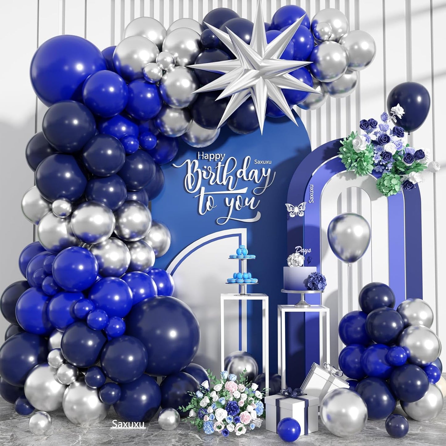 Blue And Silver Balloon Arch Kit, Blue Silver Balloons Garland Arch Kit With Star Foil Balloon, Dark Navy Balloons For Boy Men Birthday Party Wedding Anniversary Graduation Baby Shower