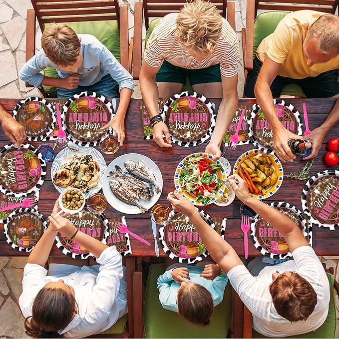 96 Pcs Cowgirl Decorations Party Supplies Western Theme Paper Plates Cow Print Party Plates Western Disposable Plates and Napkins Girl Rodeo Pink Birthday Wild West Tableware Decor for Kids Serves 24
