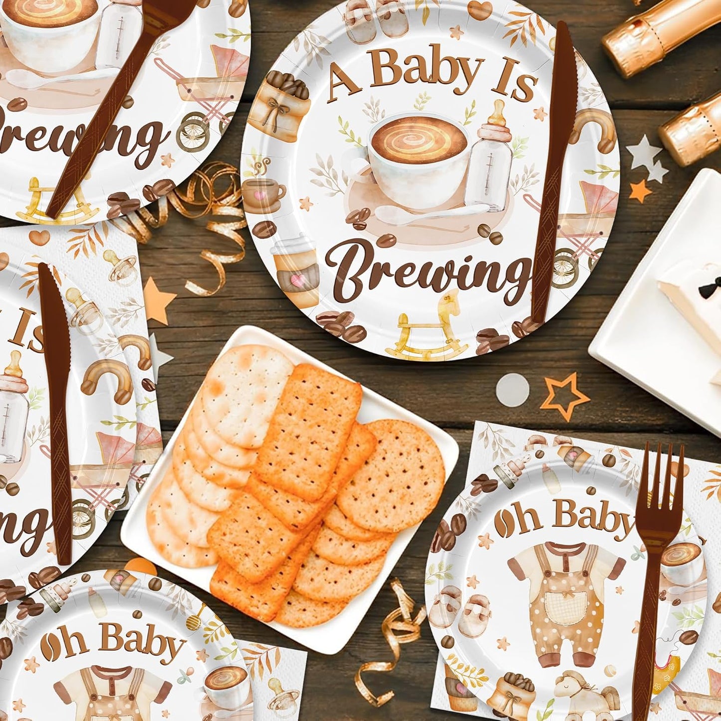 168PCS Coffee Baby Shower Party Supllies for Boys Girls A Baby Is Brewing Party Decorations Coffee Themed Tableware Plates Cups Napkins Cups Forks Knives and Straws Dinnerware for 24 Guests