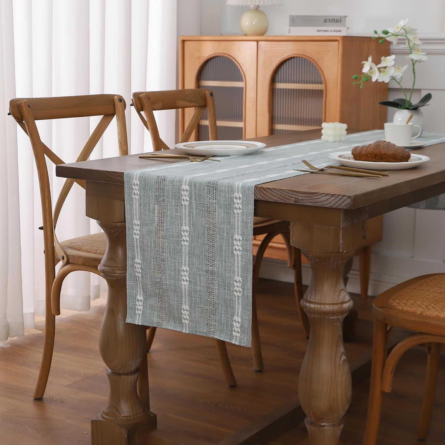 Gernaice Boho Table Runner, Embroidered Cotton Linen Farmhouse Table Runners for Holiday Wedding Dining Living Room Bedroom Home Decor, 108" L X 13" W Grey