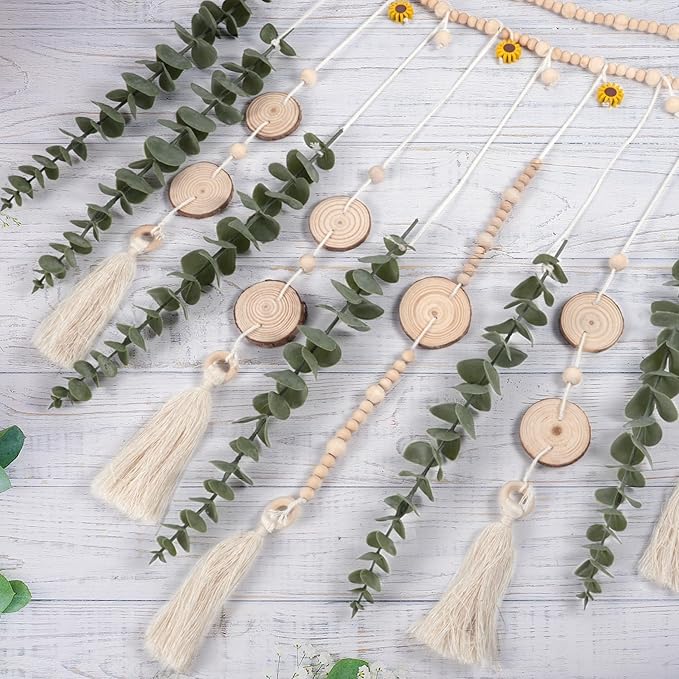 Artificial Hanging Eucalyptus Wall Decor Fake Plant Greenery Stems on 29" Sunflower Bead Garland Sage Green Boho Rustic Farmhouse Wall Art for Bathroom Bedroom Living Room
