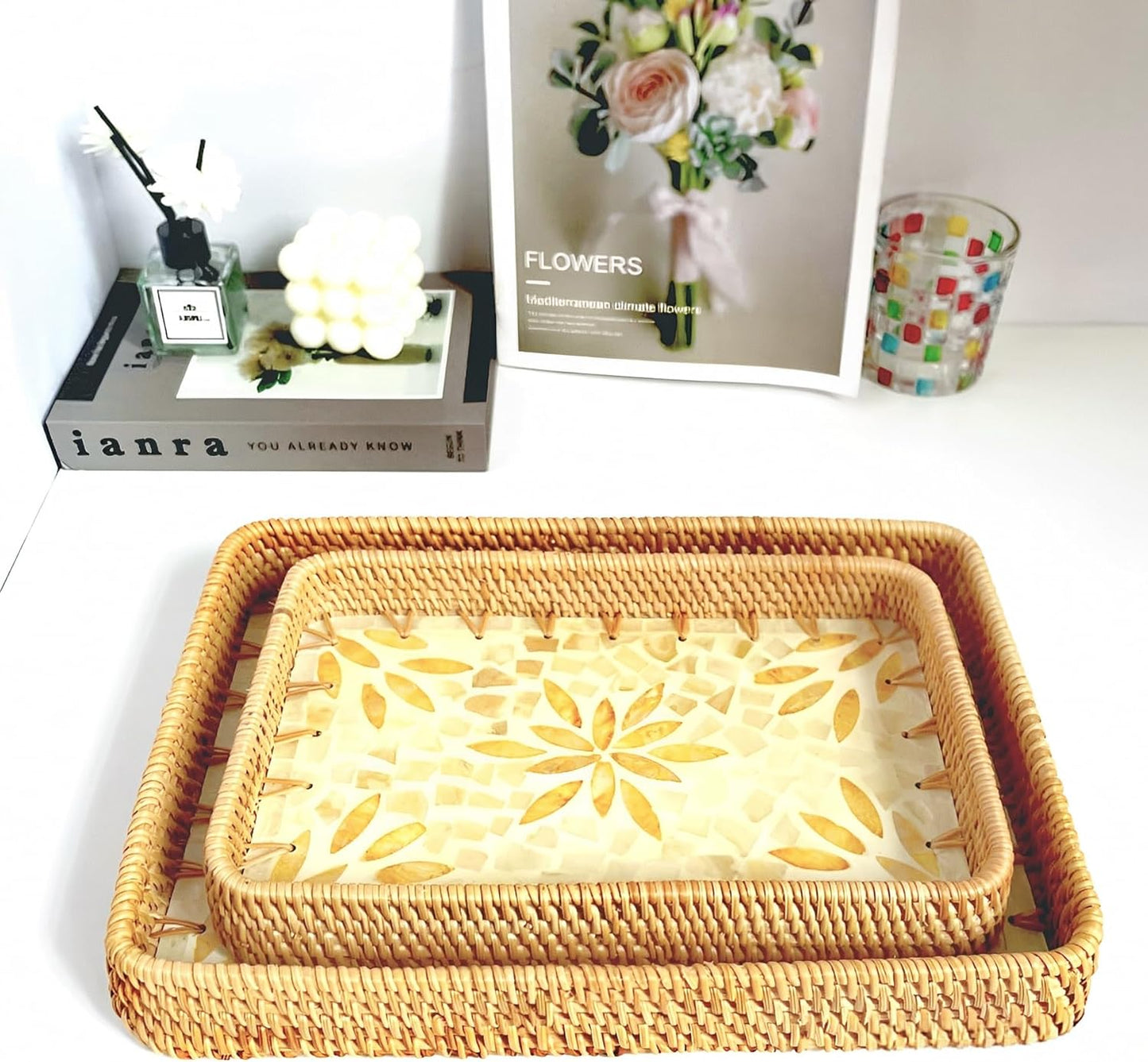 i-lan Set of 2 Rectangle Serving Trays with Mother of Pearl, 13" & 11.5" Woven Rattan Platters for Dining Entertainment, Centerpiece Displays, and Home Decor Accents