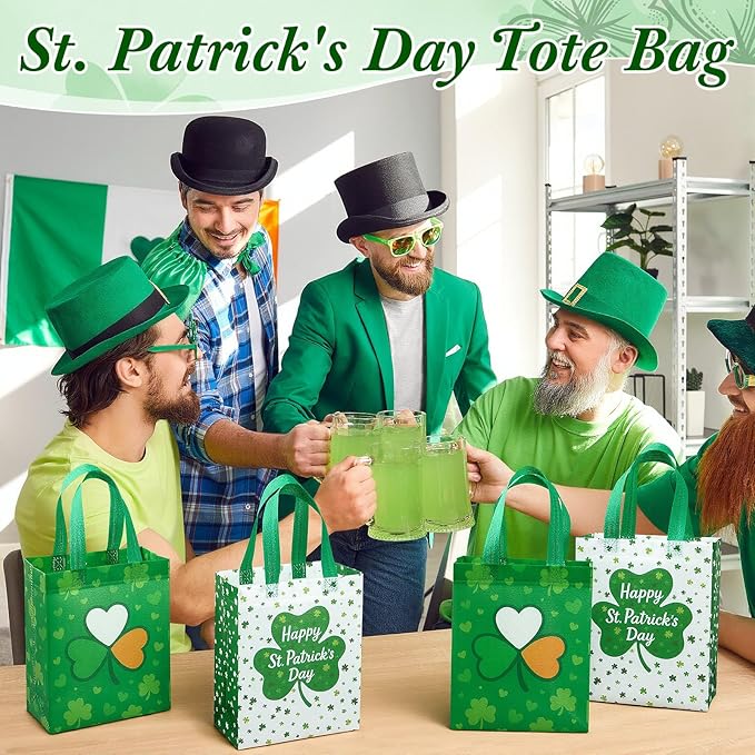 Wovnet 30 Pcs St. Patrick's Day Gift Bags with Handle Shamrock Party Favors Green Reusable Non Woven Goodie Treat Bags Clover Tote Irish Festival Themed Party Supplies 10 x 8 x 4in
