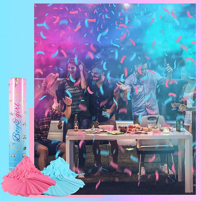 Gender Reveal Confetti Cannon,2 Blue 2 Pink Safty Corn Powder Smoke Party Poppers Shoots 20-25ft,12 inch Upgrade Firmware Baby Shower Gender Reveal Party Supplies