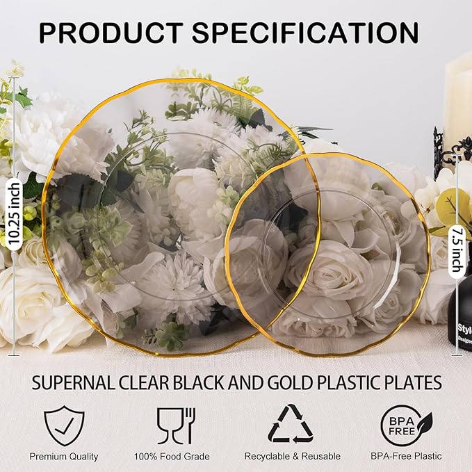 supernal 60Pcs Black and Gold Plastic Plates Heavy Duty Black Disposable Plates With Gold Rim,Elegant Clear Black Dinnerware For 30 Guests Perfect for Party,Birthday,Anniversary,New Year