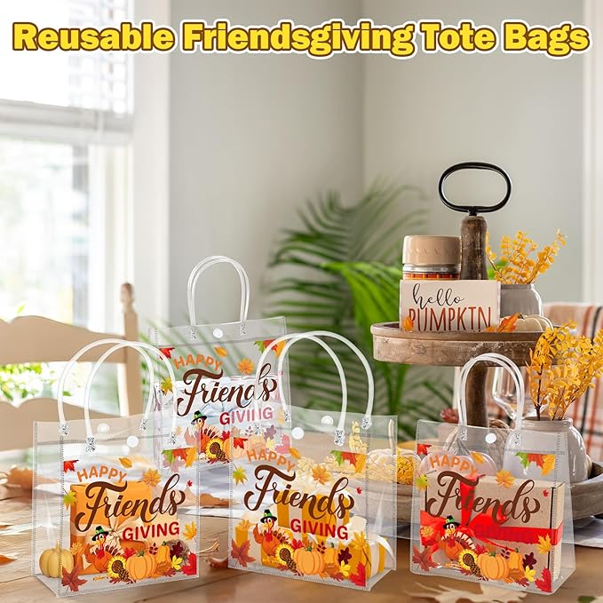 H1vojoxo Friendsgiving Party Gift Bags - 24PCS Happy Friendsgiving Clear PVC Gift Bags with Handle Reusable Thanksgiving Goodie Treat Candy Tote Bag Turkey Pumpkin Maple PVC Tote Bag for Party Decor