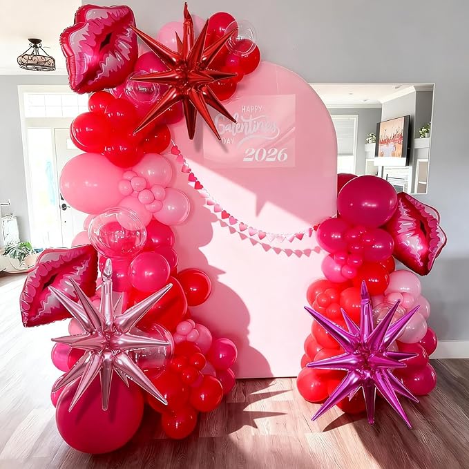 Mothers Day Balloon Arch Kit, Red Pink Balloon Garland with Foil Lips Star Balloons for Mothers Day Women Girls Birthday Bachelorette Bridal Shower Wedding Engagement Anniversary Party Decorations