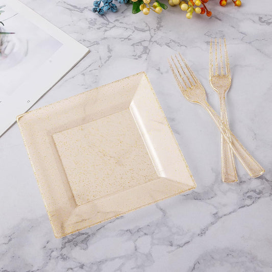 Goodluck 240PCS 6.5" Square Gold Glitter Dessert Plastic Plates with 7.4" Forks, Gold Appetizer Plates for 120 Guests, Including 120 Disposable Cake Plastic Plates and 120 Forks for Wedding/Birthday