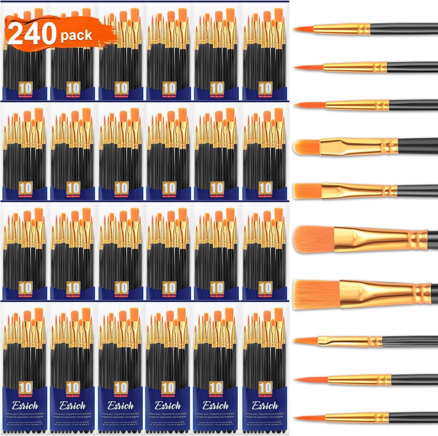 ESRICH Acrylic Paint Brushes Set, 24 Packs / 240 Pcs Watercolor Brushes,Nylon Brush Head, for Oil Painting, Gouache, Face,Ceramics etc, Kid's and Adults Painting Arts and Crafts Sets.(Black)
