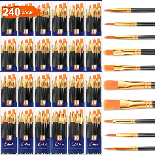 ESRICH Acrylic Paint Brushes Set, 24 Packs / 240 Pcs Watercolor Brushes,Nylon Brush Head, for Oil Painting, Gouache, Face,Ceramics etc, Kid's and Adults Painting Arts and Crafts Sets.(Black)