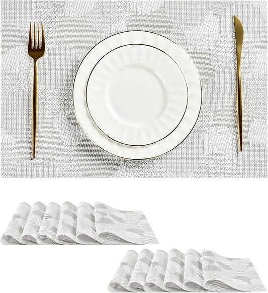 Leetaltree White Placemats Set of 12 - Heat Resistant Non-Slip Place mats for Dining Table, Washable Durable PVC Vinyl Woven Table Mats（White Circle,12）