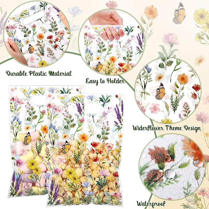Bulyoou 100 Pcs Wildflower Gift Bags Vintage Wildflower Party Favor Bag with Handle Plastic Goodie Candy Treat Gift Wrapping for Wedding Baby Shower Birthday Party Favors Supplies(Vintage)