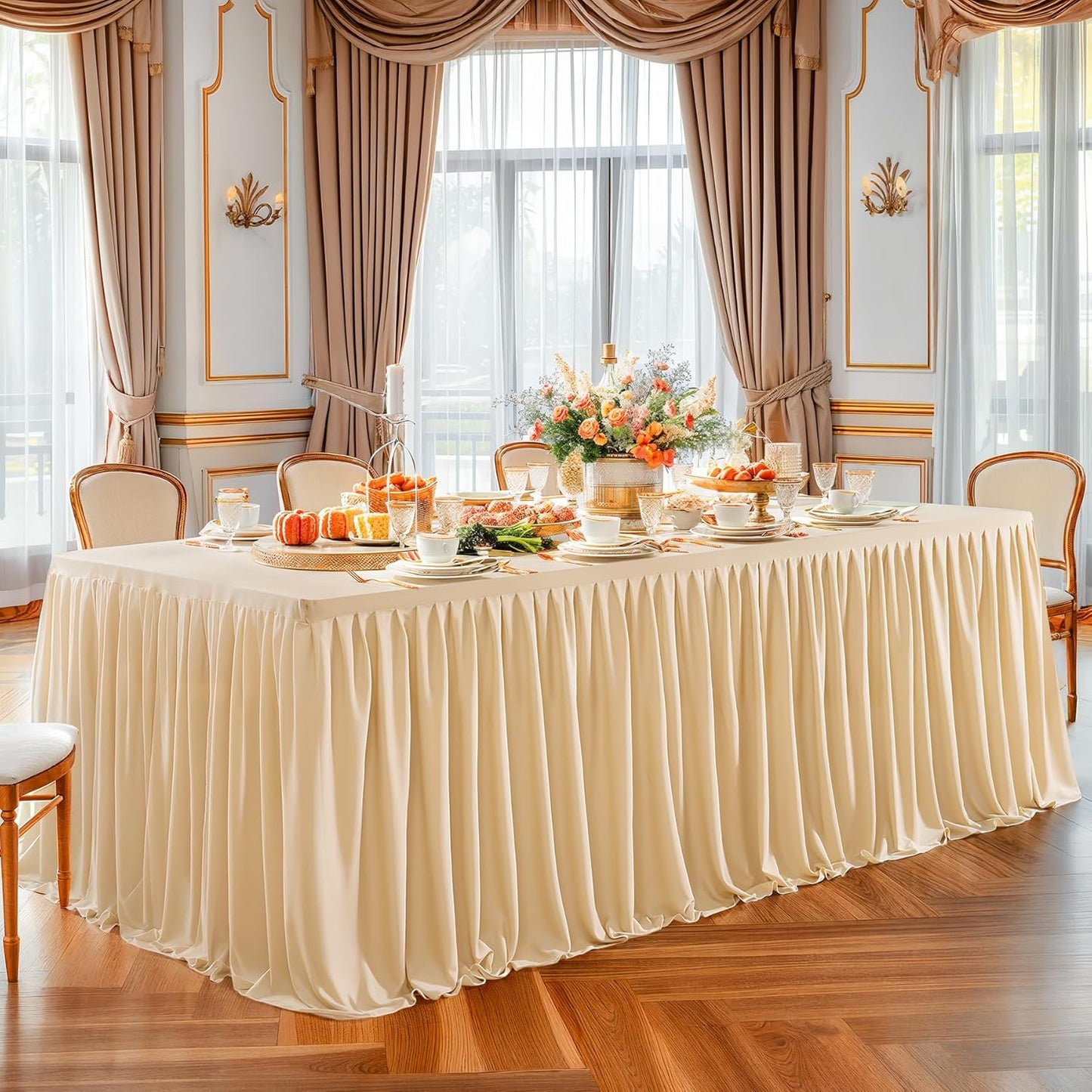 Deep Champagne Polyester Table Clothes for 4 Foot Rectangle Tables, Wrinkle Free Fitted Table Cover with Pleated Ruffle Table Skirt for Birthday Party Wedding Trade Show Event Display