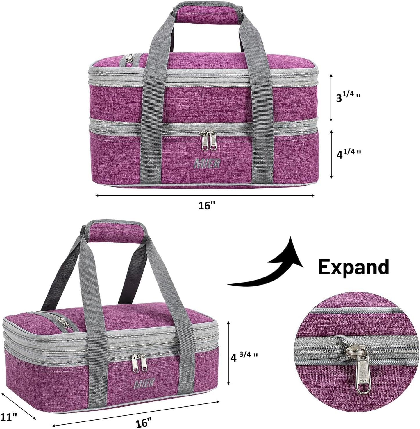 MIER Insulated Double Casserole Carrier Thermal Lunch Tote for Potluck Parties, Picnic, Beach, Fits 9 x 13 Inches Casserole Dish, Expandable by Mid Zipper, Purple