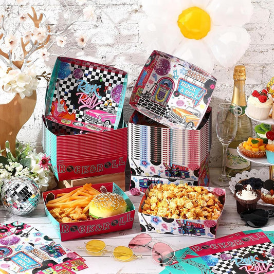 Layhit 48 Pcs 1950s Party Supplies 5 lb Food Boats Large Paper Serving Trays Burger Fries Hot Dog Taco BBQ Popcorn for Rocking Music Sock Hop Birthday 1950s Theme Party