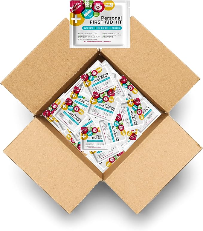 Personal First Aid Kit - Case of 60 | Clean, Treat, Protect Minor Cuts, Scrapes and Burns | Perfect for Home, Office, Car, School, Business, Camping | Individual First Aid Products (Multi-Color)…