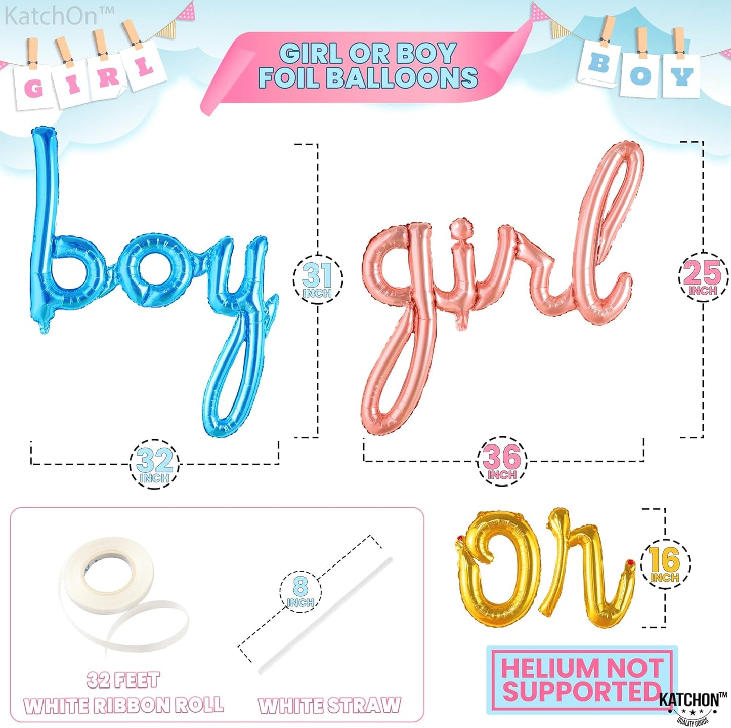 KatchOn, Boy or Girl Script Balloon - 36 Inch | Boy or Girl Balloons, Gender Reveal Decorations | Gender Reveal Sign, Baby gender reveal Balloons