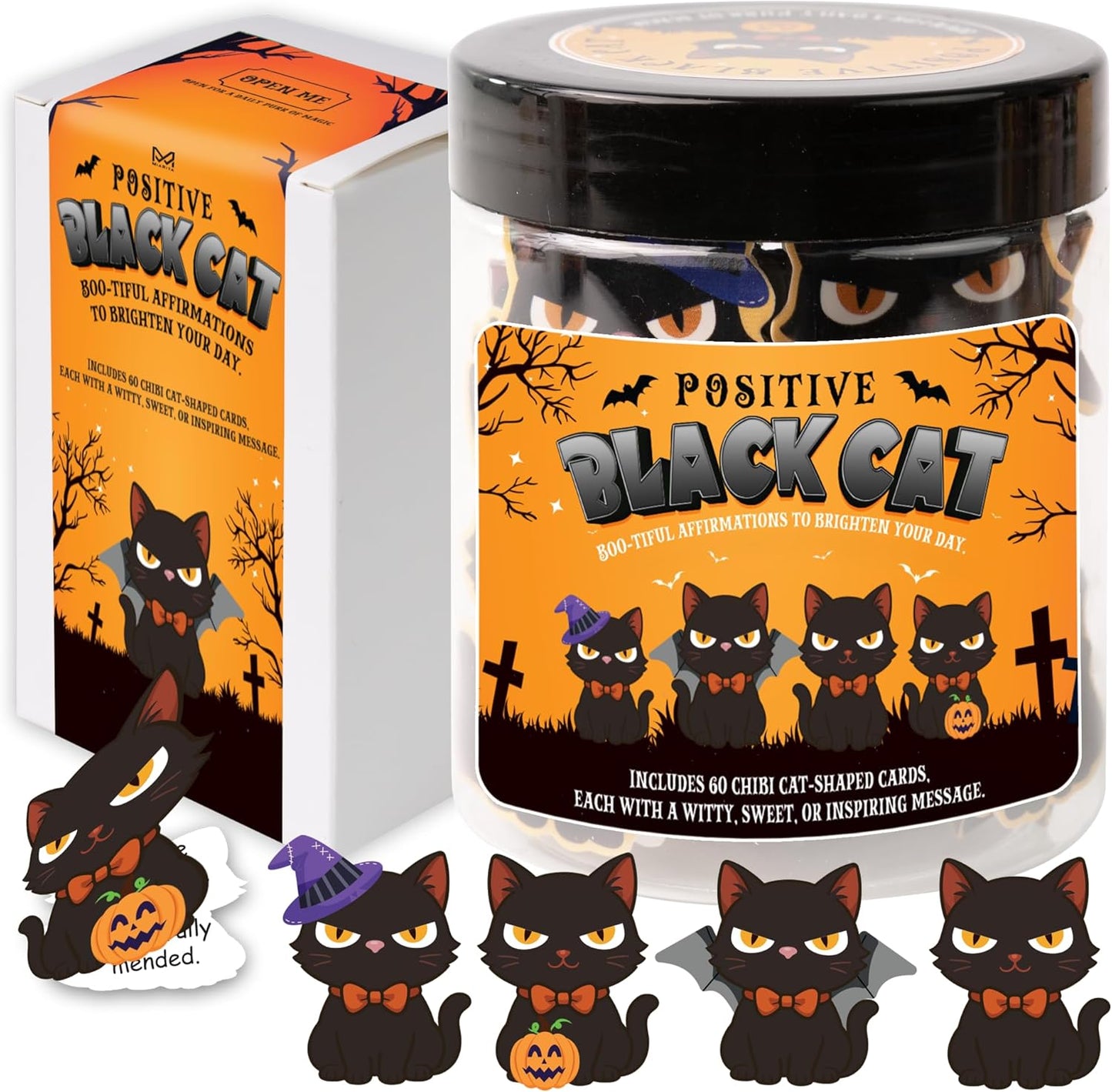 Positive Black Cat Jar, for Women & Teens, Black Cat Lover Gifts, Inspirational Jar for Daily Positivity, Halloween Basket Stuffers, Boo Basket Stuffers for Women, Spooky Basket