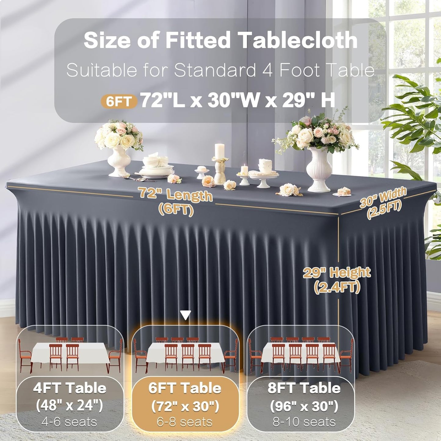 2 Packs Grey Spandex Tableclothes for 6 Foot Rectangle Table, Spandex Table Covers 6FT Stretch Table Skirts Rectangle Wrinkle Free Fitted Tablecover for Event, Wedding, Banquet & Parties