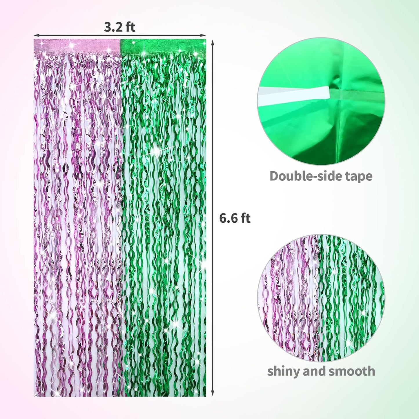 4 Pcs Green Pink Splicing Tinsel Backdrop, Tinsel Foil Fringe Curtains Wavy Backdrop for Parties,Shiny Streamers Party Decorations,Photo Booth Foil Curtain for Birthday Party Decorations,3.2ft × 6.6ft