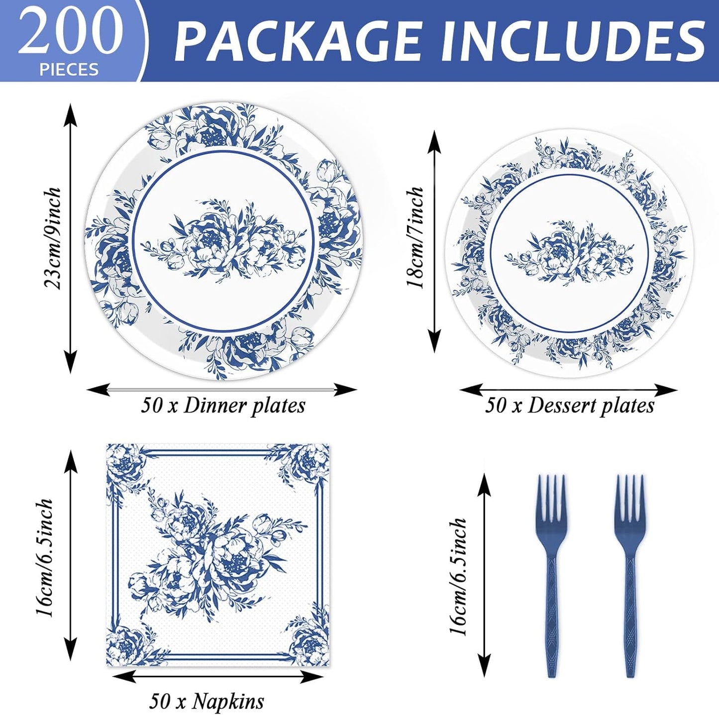 50 Guests Blue White Floral Party Tableware Set Blue and White Floral Plates Supplies Disposable Flowers Bridal Birthday Baby Shower Tea Party Dinnerware Plates Napkins Forks Decoration 200PCS