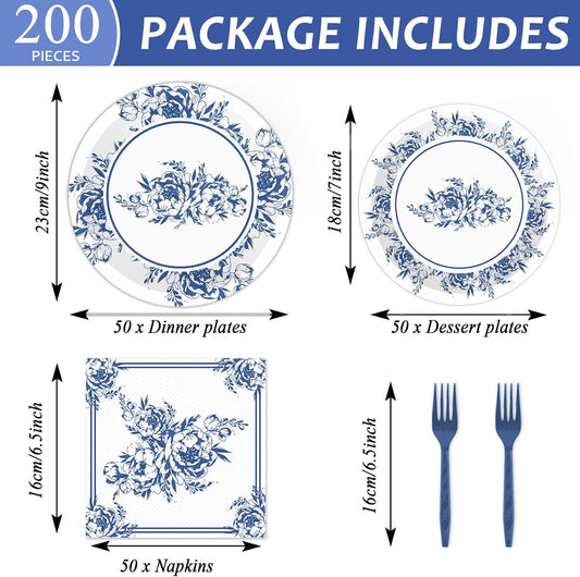 50 Guests Blue White Floral Party Tableware Set Blue and White Floral Plates Supplies Disposable Flowers Bridal Birthday Baby Shower Tea Party Dinnerware Plates Napkins Forks Decoration 200PCS