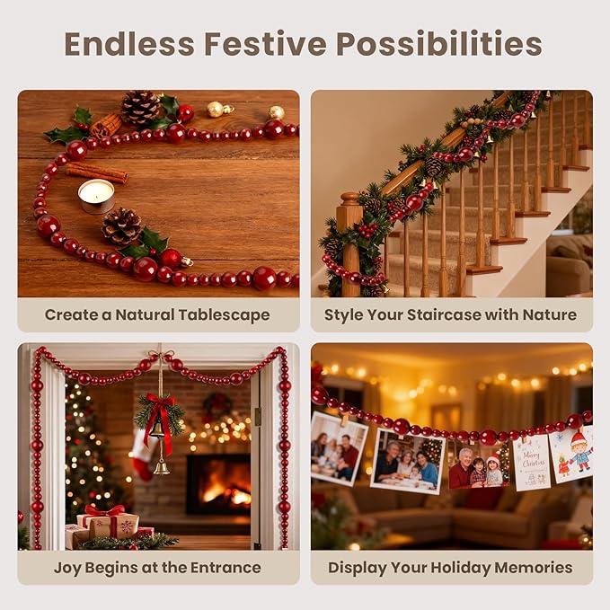 2PCS Christmas Wood Beads Garland 24 Feet Wooden Bead Garland Boho Ornaments for Christmas Tree, Xmas Vintage Rustic Farmhouse Round Craft Bead Hanging Holiday Decorations(Red)