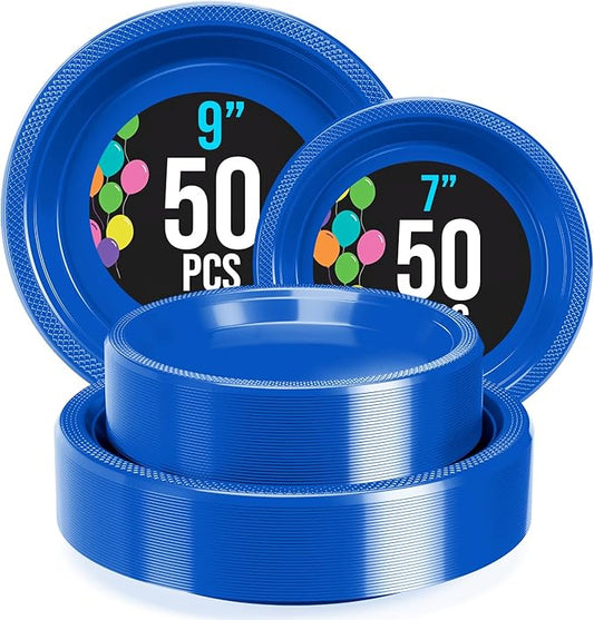Party Solids Dark Blue Plastic Plates For Party Supplies, Dark Blue Disposable Plates 100 Pieces - 50-7" & 50-9" Heavy Duty 350 GSM Disposable Dinnerware Sets, Plastic Dinnerware Sets