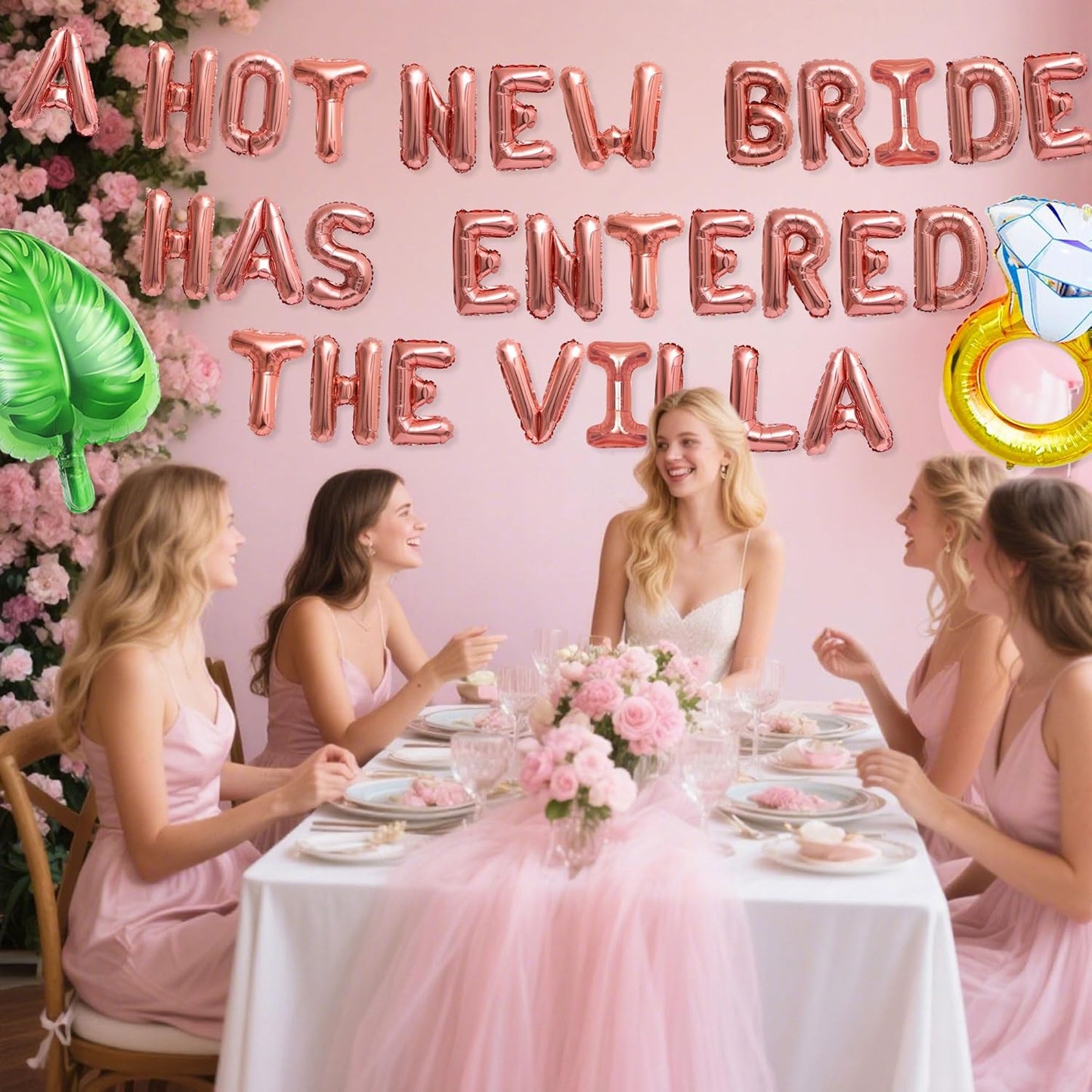A Hot New Bride Has Entered The Villa Banner Balloons Palm Tree Ring Mylar Balloon for Love Island Themed Bachelorette Party Decorations