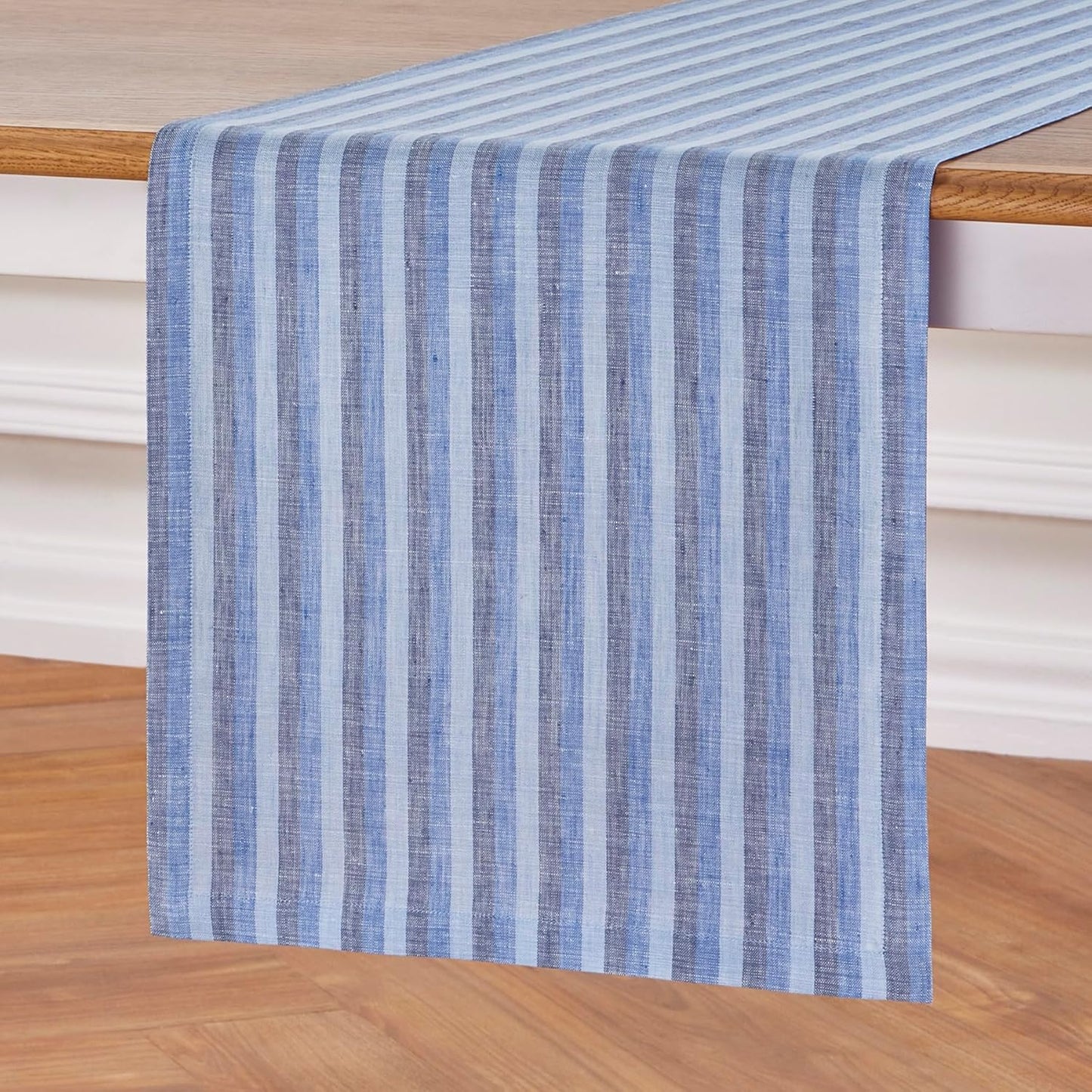 Solino Home Linen Table Runner 120 Inches Long - Amalfi Stripe, 100% Pure Linen Bistro Blue Farmhouse Table Runner 14 x 120 Inch for Dining