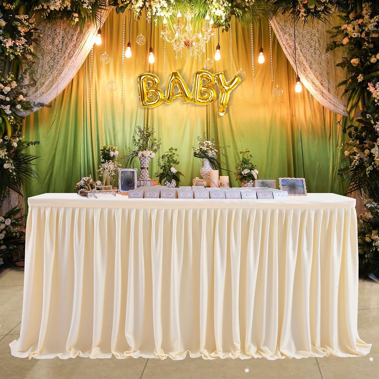 17ft Ivory Table Skirt for Rectangle Tables Polyester Pleated Table Skirt Desk Skirts Ruffle Tablecloth Skirt for Wedding Birthday Party Baby Shower Bridal Shower Banquet Table Decoration