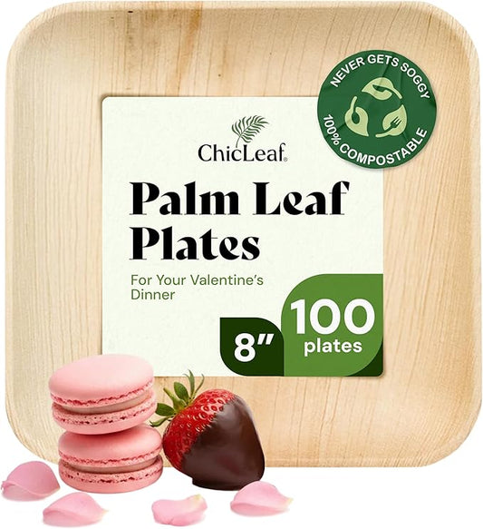 Chic Leaf Square Bamboo Palm Leaf Disposable Plates - 8" Pack of 100 - Biodegradable & Compostable Dinnerware - Disposable Party & Appetizer Plates - Sustainable Dessert Trays Romantic Date Essentials