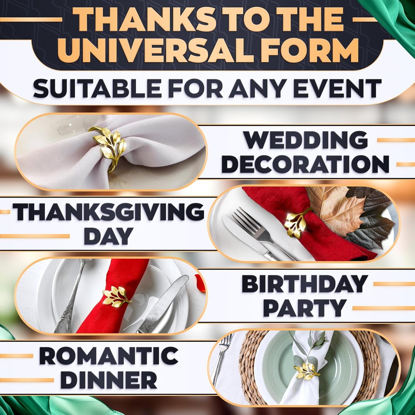 Thanksgiving Napkin Rings Set of 12 – Christmas Gold Leaf Napkin Rings Set | Elegant Design for Christmas Table Decorations, Wedding & Festive Dinners, Special Occasions, Great for Hosts