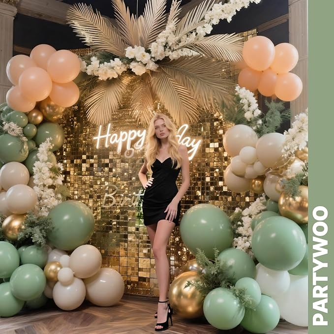 PartyWoo Pink and Green Balloons 65pcs 12 Inch Metallic Gold Sand White Sage Green Nude Dusty Pink Gold Confetti Balloons for Baby Shower Wedding Engagement Princess Birthday Party Decorations
