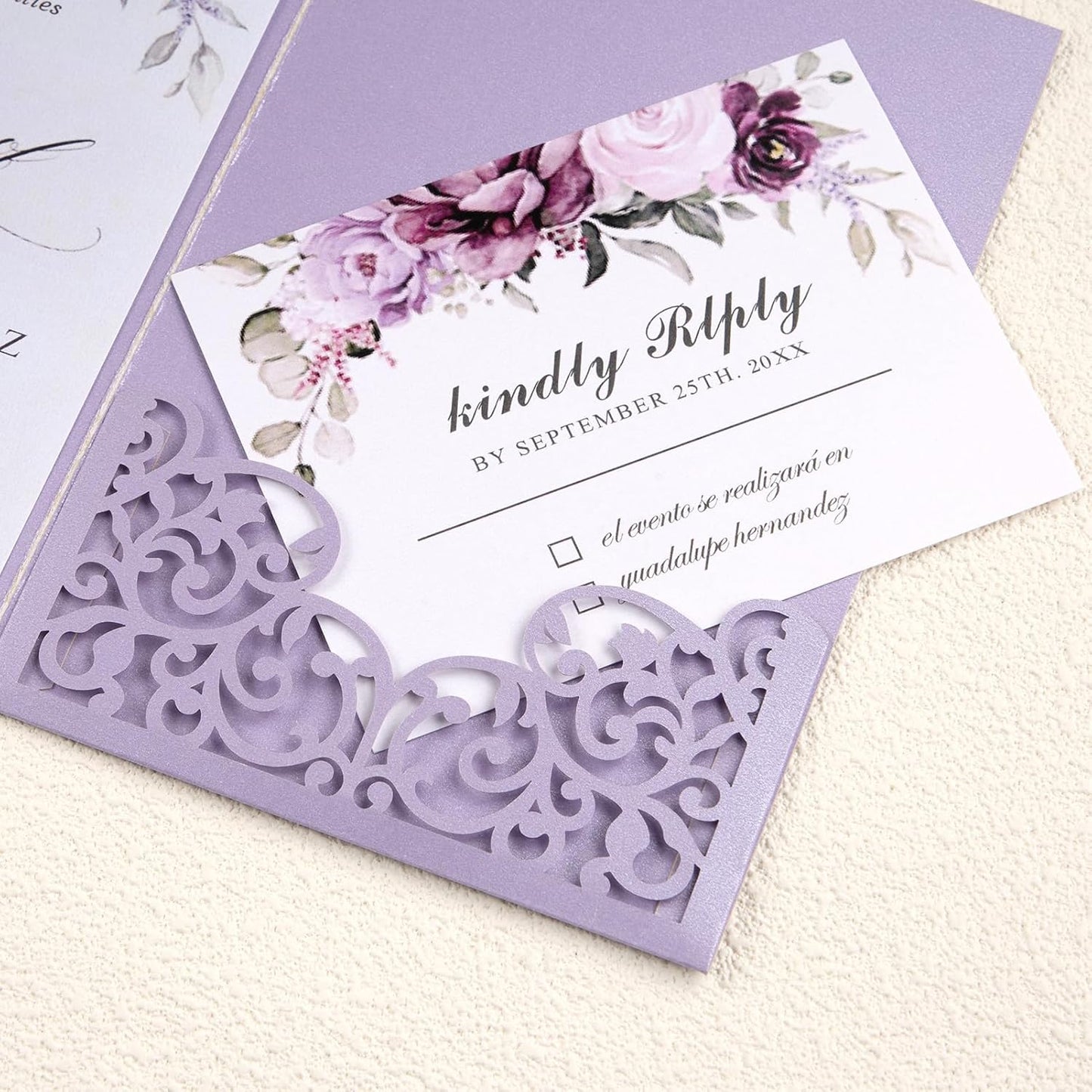 50 pcs Purple Wedding Invitations 5×7 Personalized Invitations with Envelopes and RSVP Cards Blank Birthday Invitations Laser Cut Hollow Out Invitation Kits for Engagement Sweet 16 Quinceanera Bridal Shower