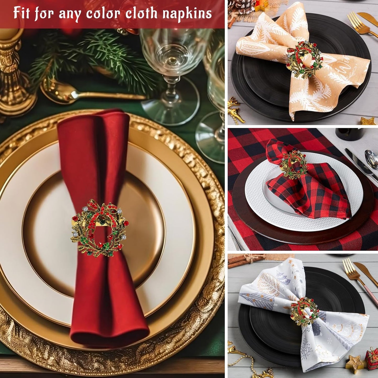 Legigo Set of 24 Christmas Wreath Napkin Rings Set- Metal Xmas Napkin Ring Holders for Cloth Napkins, Christmas Holiday Party Dinner Table Decoration