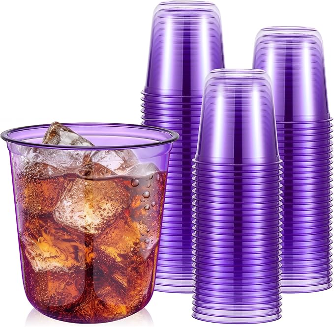Disposable Stemless Glasses 12oz Crystal Plastic Wine Glasses Clear Classic Pet Cup for Meeting Weddings Birthdays Cocktail Christmas Party Supplies (Purple,50 Pcs)