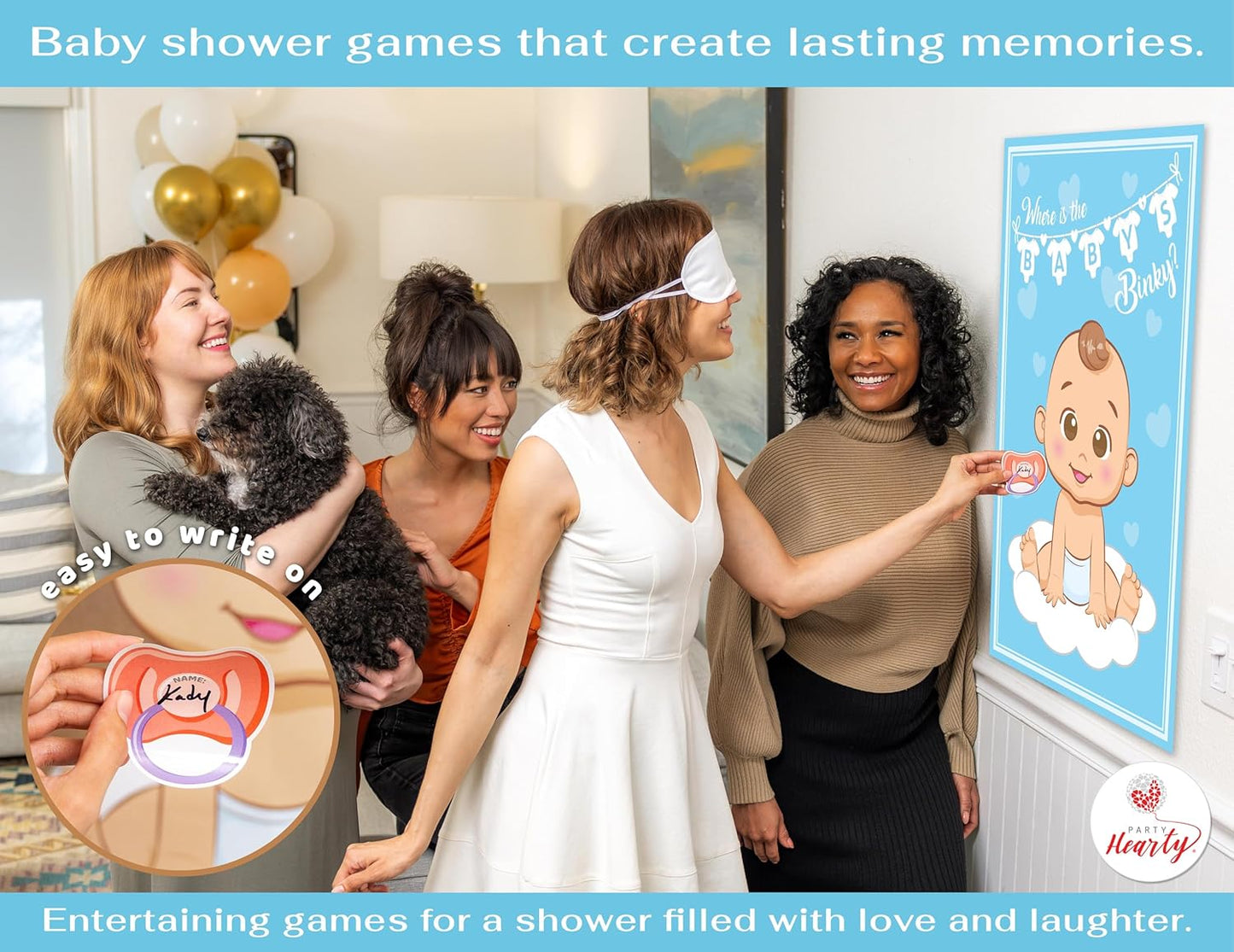 Party Hearty Funny Baby Shower Games for Boy, Blue Pin The Pacifier on The Baby Game, Where is The Baby’s Binky, Pin The Dummy on The Baby