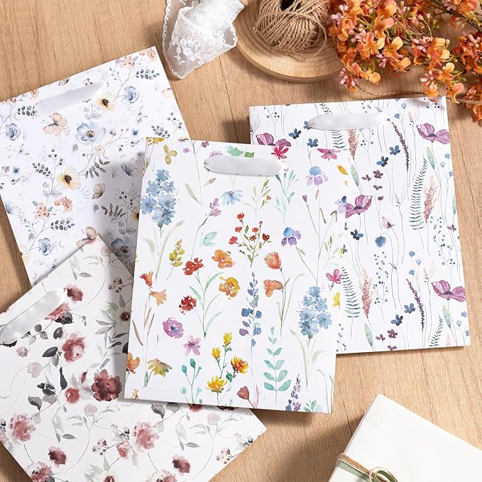 Loveinside Medium Size Gift Bags, Colorful Flower Pattern Gift Bag with Tissue Paper for Shopping, Parties, Wedding, Baby Shower, Craft-4 Pack, 7" X 4" X 9"