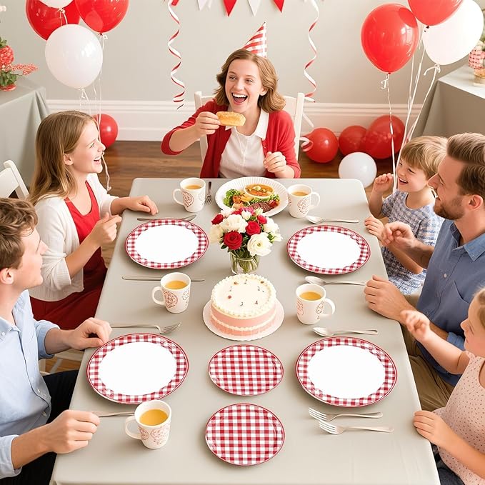 200Pcs Red Gingham Party Supplies Red and White Checkered Buffalo Plaid Plates and Napkins Disposable Gingham Tableware Set for Valentine's Day Picnic BBQ Baby Shower Party Decorations Serves50