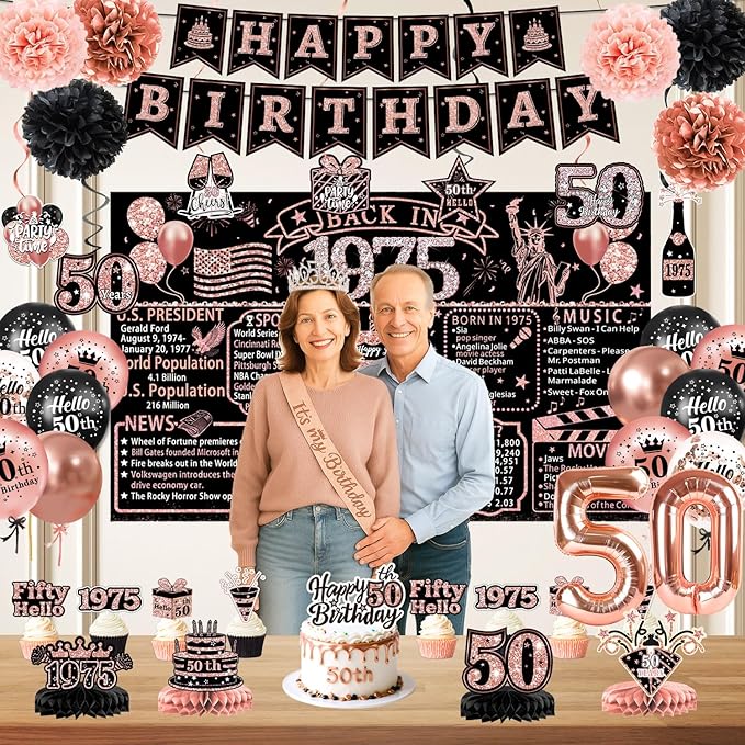 50th Birthday Decorations for Women – 59pcs Back in 1975 Party Supplies Backdrop, Banner, Honeycomb Centerpieces, Hanging Swirls, Foil & Latex Balloon, Cake & Cupcake Toppers, Sash, Pom Poms, Crown