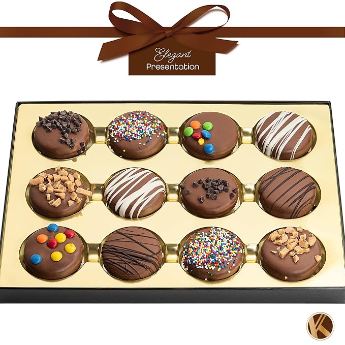 KREMERY Creamy Chocolate Cravings - Halloween Treats For Adults Chocolate Covered Sandwich Cookies & Cream Gift Basket, in Sectional Gift Box (12 Cookies, Assorted Sweet Toppings) Holiday Christmas
