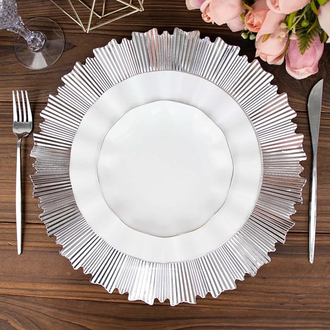 Efavormart 6 Pack | 13" Metallic Silver Sunray Acrylic Plastic Serving Plates, Round Scalloped Rim Disposable Charger Plates