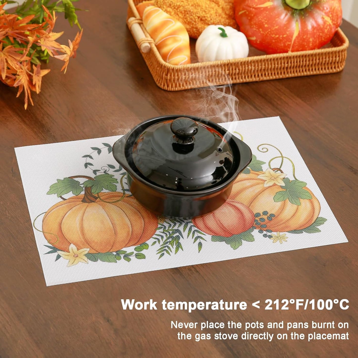 Thanksgiving Placemats Set of 6 Fall Place Mats Pumpkin Maple Leaves Table Mats Washable Non-Slip Heatproof Woven Placemats for Dining Table (17.7" X 11.8")