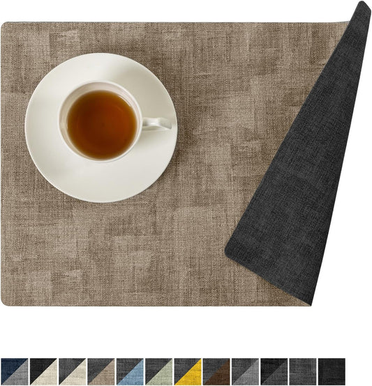 Romanstile Reversible Vinyl Placemats Set of 6, Faux Leather 100% Waterproof Oil-Proof Wipeable Place Mats, Heat Resistant Dual Sided Table Mats for Kitchen/Dining/Party (Grey Khaki, 12 x 17 Inch)